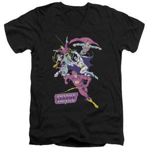 AN OFFCIALLY LICENSED JLA COLORFUL LEAGUE MEN'S V-NECK T-SHIRT BLACK