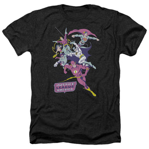 AN OFFCIALLY LICENSED JLA COLORFUL LEAGUE MEN'S HEATHER T-SHIRT CHARCOAL