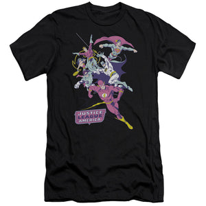 AN OFFCIALLY LICENSED JLA COLORFUL LEAGUE MEN'S PREMIUM SLIM FIT T-SHIRT BLACK