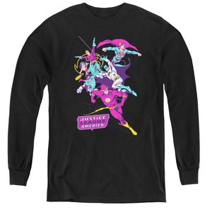 AN OFFCIALLY LICENSED JLA COLORFUL LEAGUE YOUTH LONG SLEEVE T-SHIRT BLACK