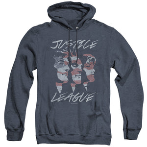 AN OFFCIALLY LICENSED JLA JUSTICE FOR AMERICA ADULT UNISEX HEATHER PULLOVER HOODIE NAVY