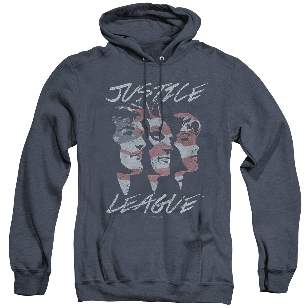 AN OFFCIALLY LICENSED JLA JUSTICE FOR AMERICA ADULT UNISEX HEATHER PULLOVER HOODIE NAVY