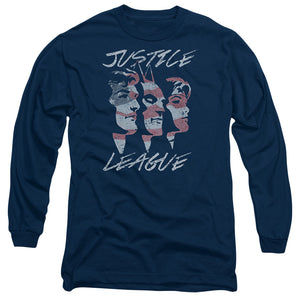 AN OFFCIALLY LICENSED JLA JUSTICE FOR AMERICA MEN'S LONG SLEEVE T-SHIRT NAVY