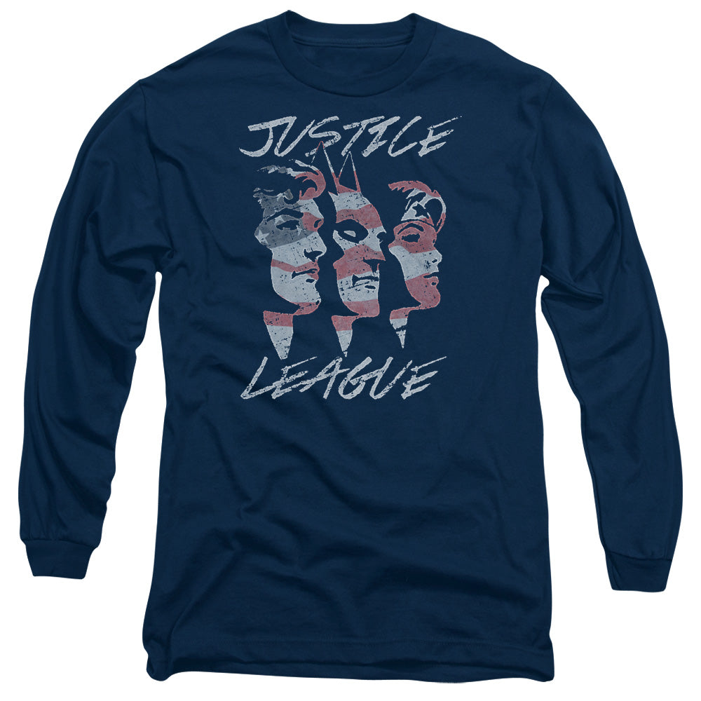 AN OFFCIALLY LICENSED JLA JUSTICE FOR AMERICA MEN'S LONG SLEEVE T-SHIRT NAVY