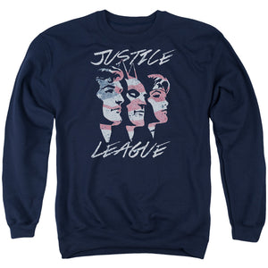 AN OFFCIALLY LICENSED JLA JUSTICE FOR AMERICA ADULT UNISEX CREWNECK SWEATSHIRT NAVY