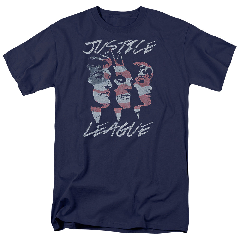 AN OFFCIALLY LICENSED JLA JUSTICE FOR AMERICA MEN'S REGULAR FIT T-SHIRT NAVY