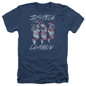AN OFFCIALLY LICENSED JLA JUSTICE FOR AMERICA MEN'S HEATHER T-SHIRT NAVY