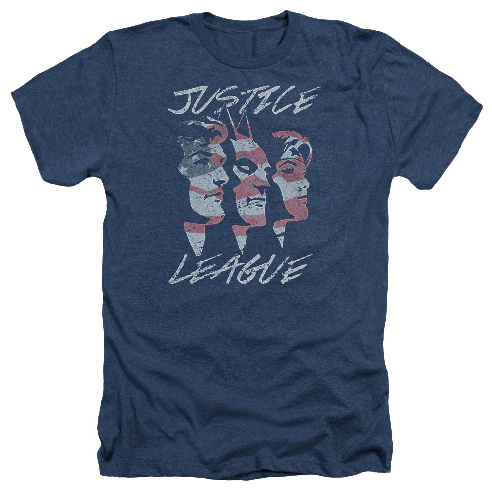 AN OFFCIALLY LICENSED JLA JUSTICE FOR AMERICA MEN'S HEATHER T-SHIRT NAVY