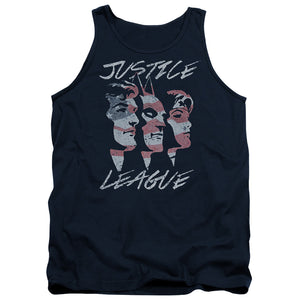 AN OFFCIALLY LICENSED JLA JUSTICE FOR AMERICA ADULT UNISEX TANK TOP NAVY
