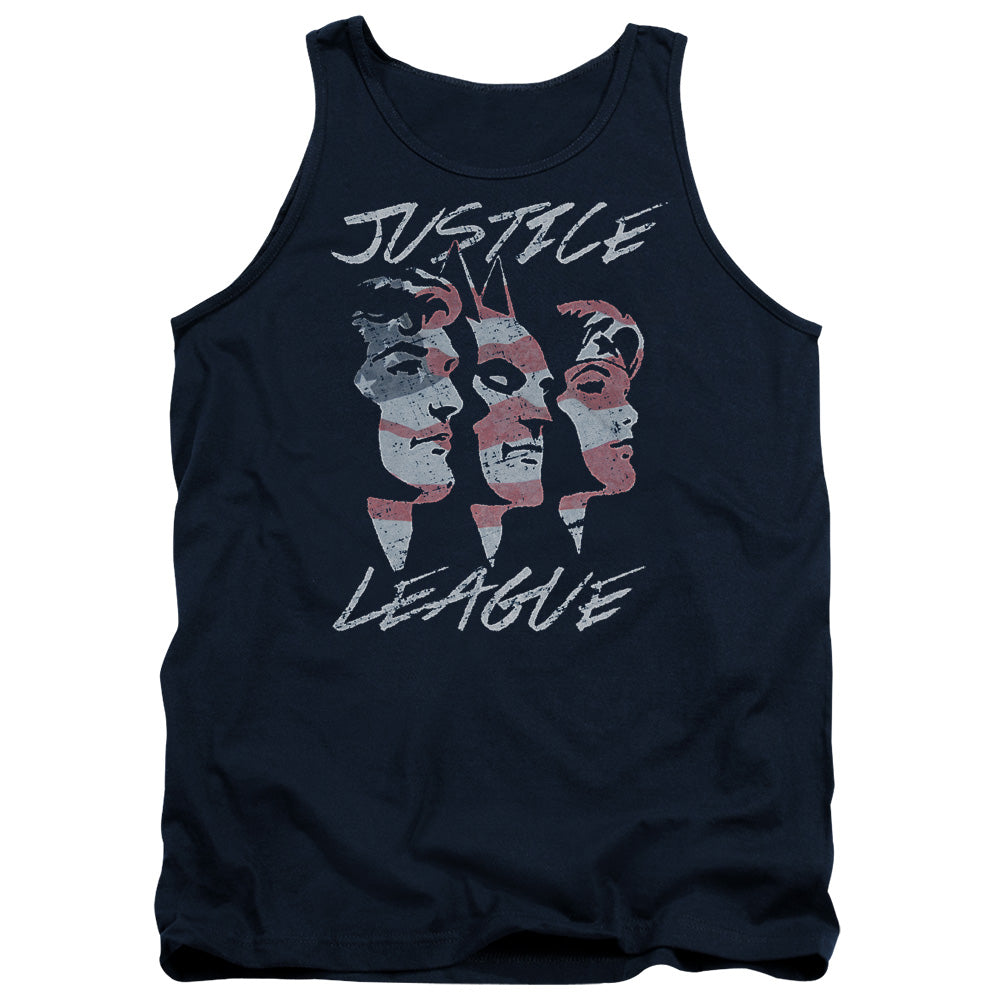 AN OFFCIALLY LICENSED JLA JUSTICE FOR AMERICA ADULT UNISEX TANK TOP NAVY