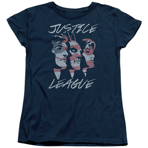 AN OFFCIALLY LICENSED JLA JUSTICE FOR AMERICA WOMEN'S REGULAR FIT T-SHIRT NAVY