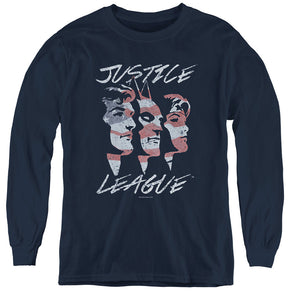 AN OFFCIALLY LICENSED JLA JUSTICE FOR AMERICA YOUTH LONG SLEEVE T-SHIRT NAVY