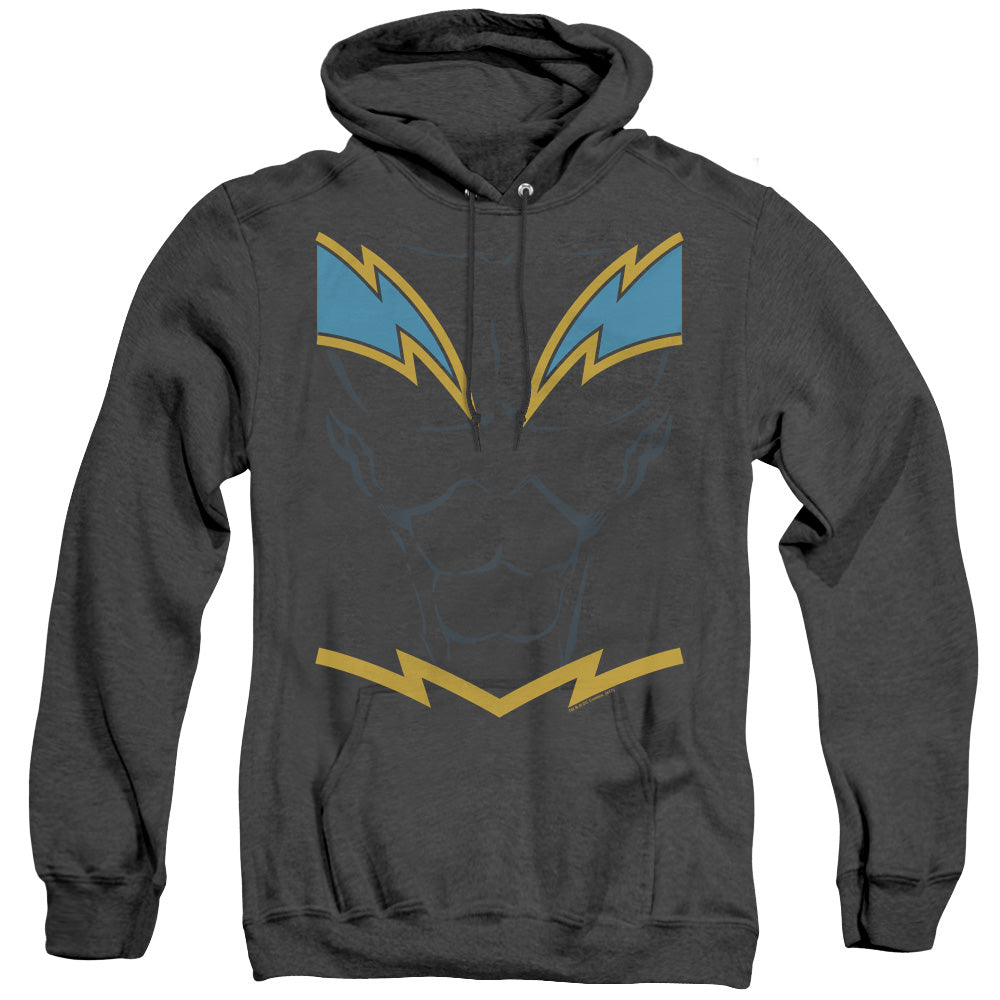 AN OFFCIALLY LICENSED JLA BLACK LIGHTNING ADULT UNISEX HEATHER PULLOVER HOODIE BLACK