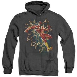 AN OFFCIALLY LICENSED JLA FLASH SYMBOL KNOCKOUT ADULT UNISEX HEATHER PULLOVER HOODIE BLACK