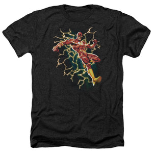 AN OFFCIALLY LICENSED JLA FLASH SYMBOL KNOCKOUT MEN'S HEATHER T-SHIRT CHARCOAL