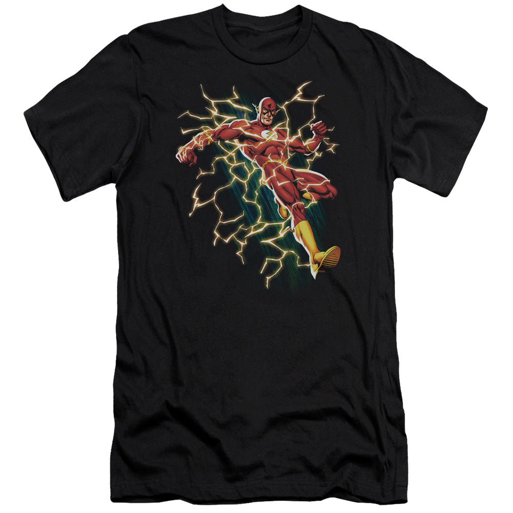 AN OFFCIALLY LICENSED JLA FLASH SYMBOL KNOCKOUT MEN'S PREMIUM SLIM FIT T-SHIRT BLACK