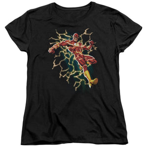 AN OFFCIALLY LICENSED JLA FLASH SYMBOL KNOCKOUT WOMEN'S REGULAR FIT T-SHIRT BLACK