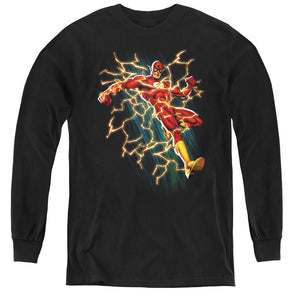 AN OFFCIALLY LICENSED JLA FLASH SYMBOL KNOCKOUT YOUTH LONG SLEEVE T-SHIRT BLACK