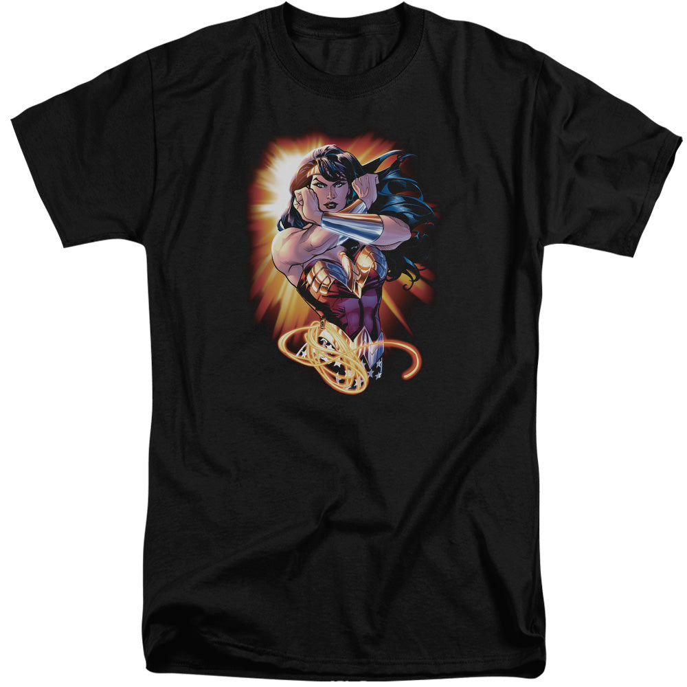 AN OFFCIALLY LICENSED JLA WONDER RAYS MEN'S TALL FIT T-SHIRT BLACK