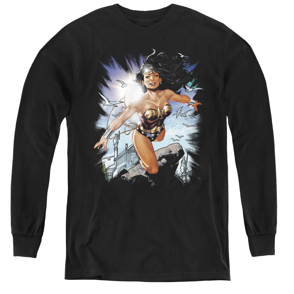 AN OFFCIALLY LICENSED JLA OF THEMYSCIRA YOUTH LONG SLEEVE T-SHIRT BLACK