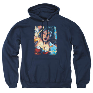 AN OFFCIALLY LICENSED JLA SCOWL ADULT UNISEX PULLOVER HOODIE NAVY