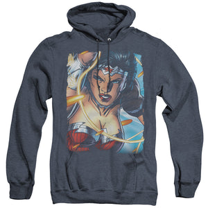 AN OFFCIALLY LICENSED JLA SCOWL ADULT UNISEX HEATHER PULLOVER HOODIE NAVY