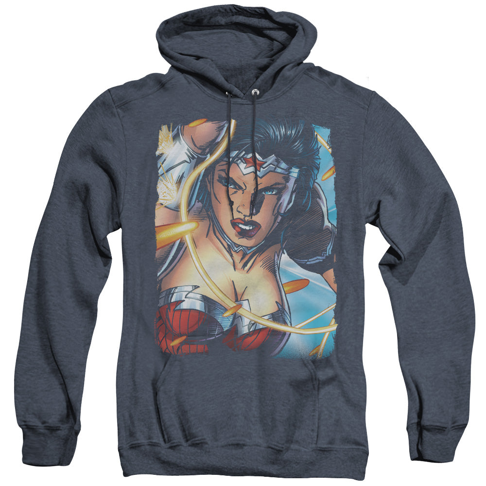 AN OFFCIALLY LICENSED JLA SCOWL ADULT UNISEX HEATHER PULLOVER HOODIE NAVY