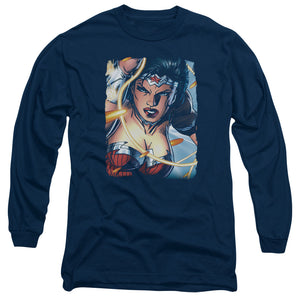 AN OFFCIALLY LICENSED JLA SCOWL MEN'S LONG SLEEVE T-SHIRT NAVY