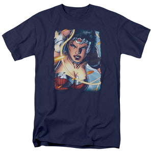 AN OFFCIALLY LICENSED JLA SCOWL MEN'S REGULAR FIT T-SHIRT NAVY