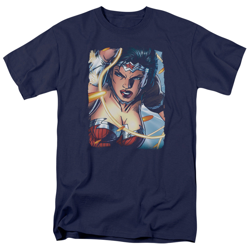 AN OFFCIALLY LICENSED JLA SCOWL MEN'S REGULAR FIT T-SHIRT NAVY