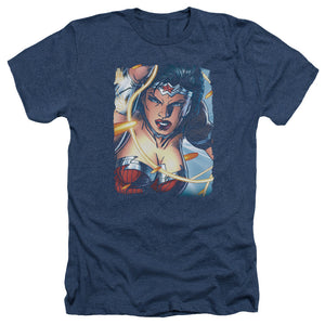 AN OFFCIALLY LICENSED JLA SCOWL MEN'S HEATHER T-SHIRT NAVY