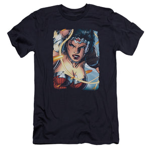 AN OFFCIALLY LICENSED JLA SCOWL MEN'S PREMIUM SLIM FIT T-SHIRT NAVY