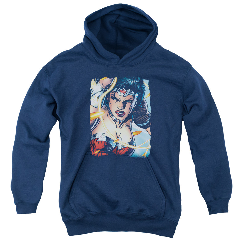 AN OFFCIALLY LICENSED JLA SCOWL YOUTH HOODIE NAVY