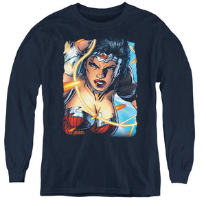 AN OFFCIALLY LICENSED JLA SCOWL YOUTH LONG SLEEVE T-SHIRT NAVY