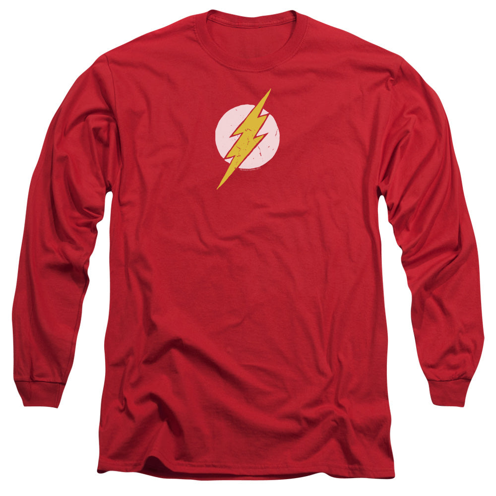 AN OFFCIALLY LICENSED JLA ROUGH FLASH MEN'S LONG SLEEVE T-SHIRT RED