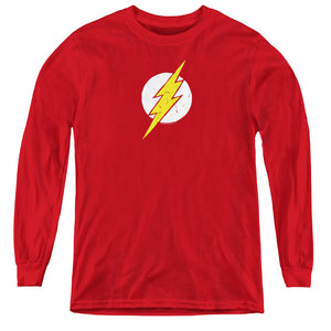 AN OFFCIALLY LICENSED JLA ROUGH FLASH YOUTH LONG SLEEVE T-SHIRT RED