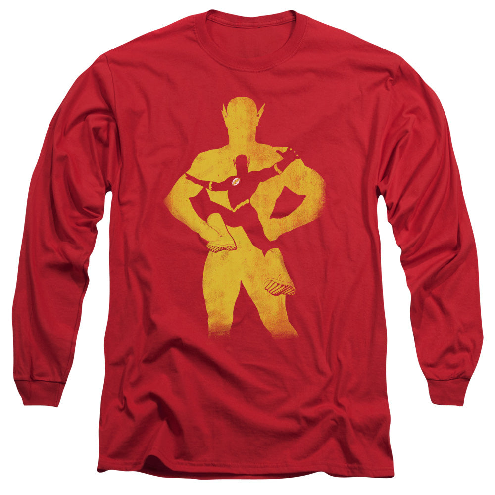 AN OFFCIALLY LICENSED JLA FLASH KNOCKOUT MEN'S LONG SLEEVE T-SHIRT RED