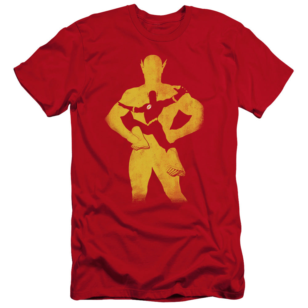 AN OFFCIALLY LICENSED JLA FLASH KNOCKOUT MEN'S PREMIUM SLIM FIT T-SHIRT RED