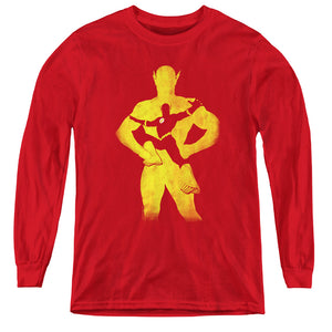 AN OFFCIALLY LICENSED JLA FLASH KNOCKOUT YOUTH LONG SLEEVE T-SHIRT RED