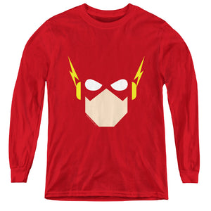 AN OFFCIALLY LICENSED JLA FLASH HEAD YOUTH LONG SLEEVE T-SHIRT RED