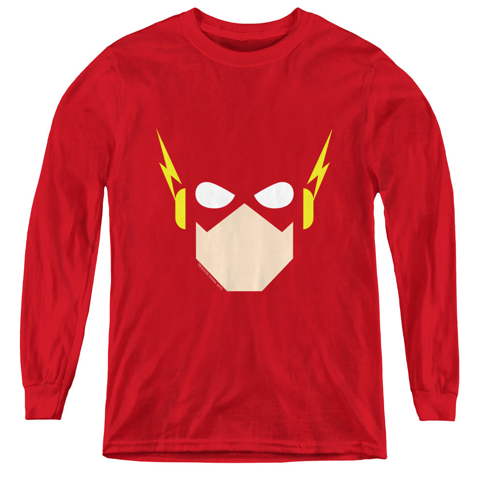 AN OFFCIALLY LICENSED JLA FLASH HEAD YOUTH LONG SLEEVE T-SHIRT RED