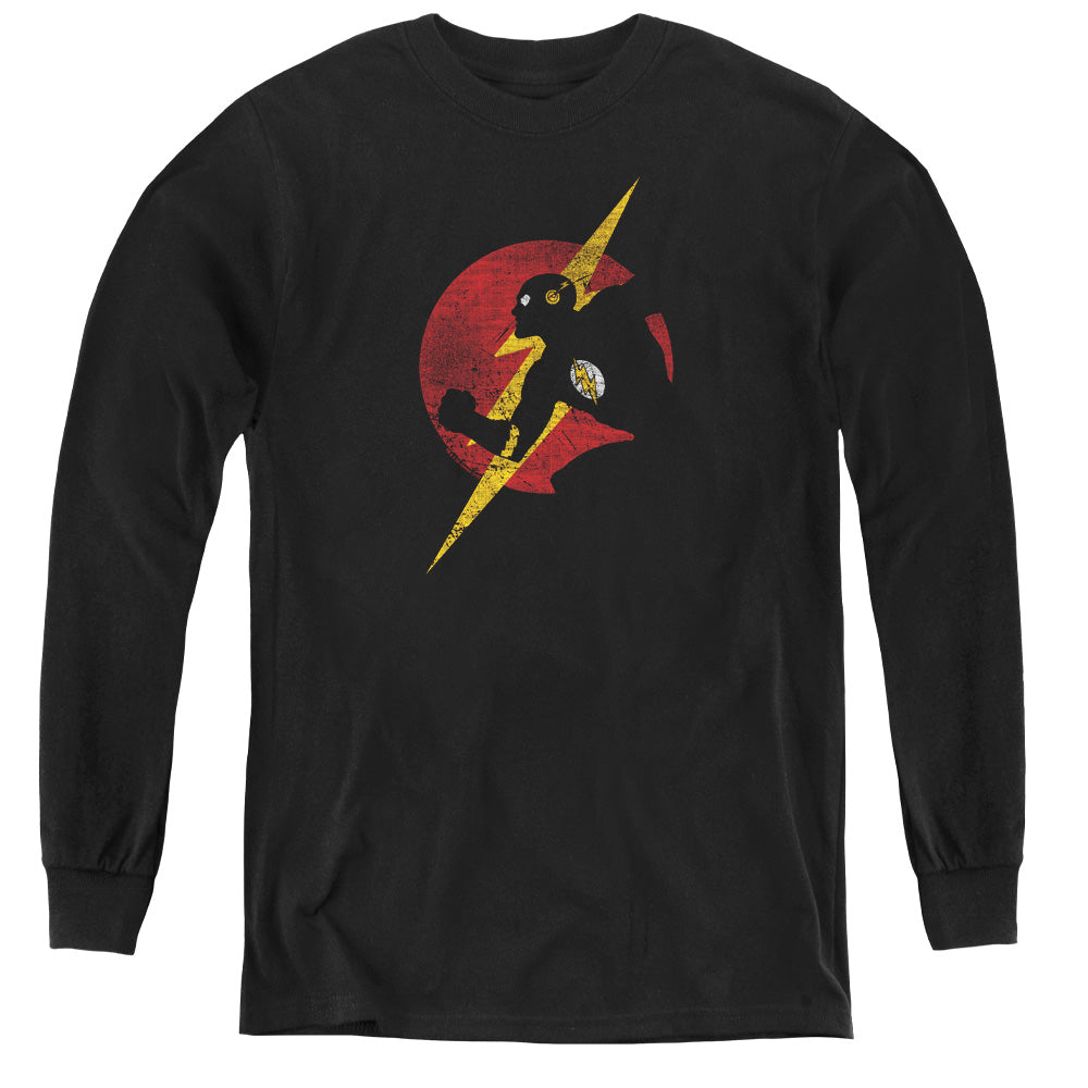 AN OFFCIALLY LICENSED JLA FLASH SYMBOL KNOCKOUT YOUTH LONG SLEEVE T-SHIRT BLACK
