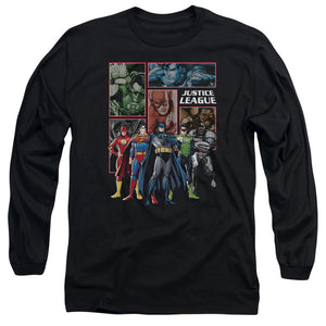 AN OFFCIALLY LICENSED JLA NEW JLA PANELS MEN'S LONG SLEEVE T-SHIRT BLACK