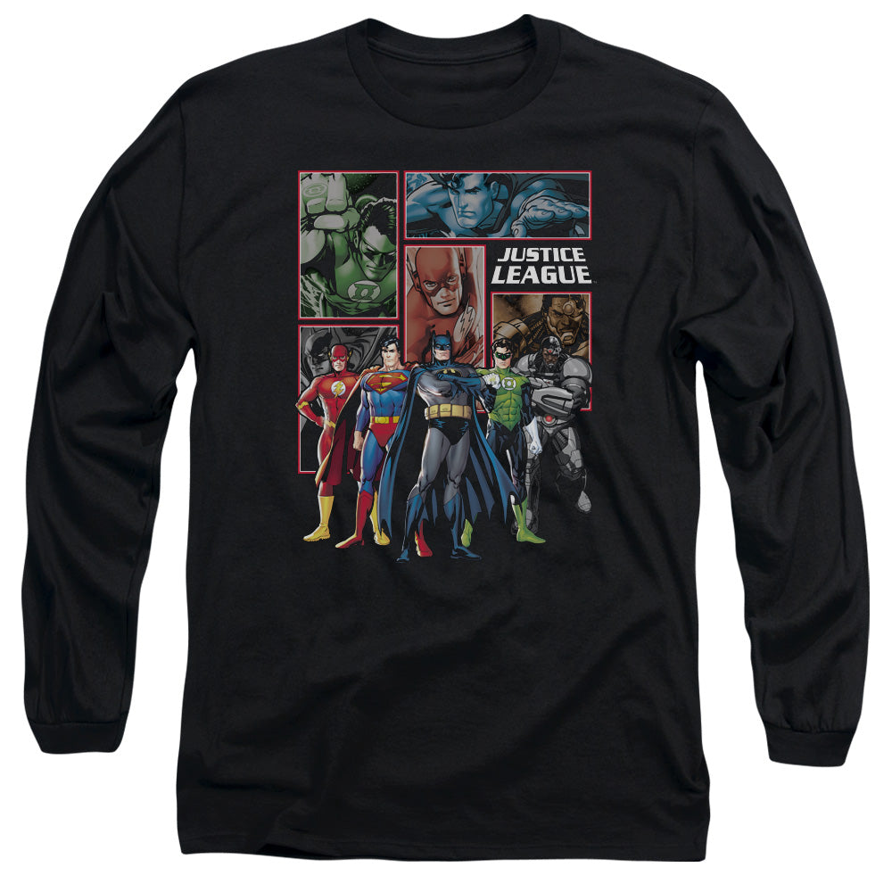 AN OFFCIALLY LICENSED JLA NEW JLA PANELS MEN'S LONG SLEEVE T-SHIRT BLACK