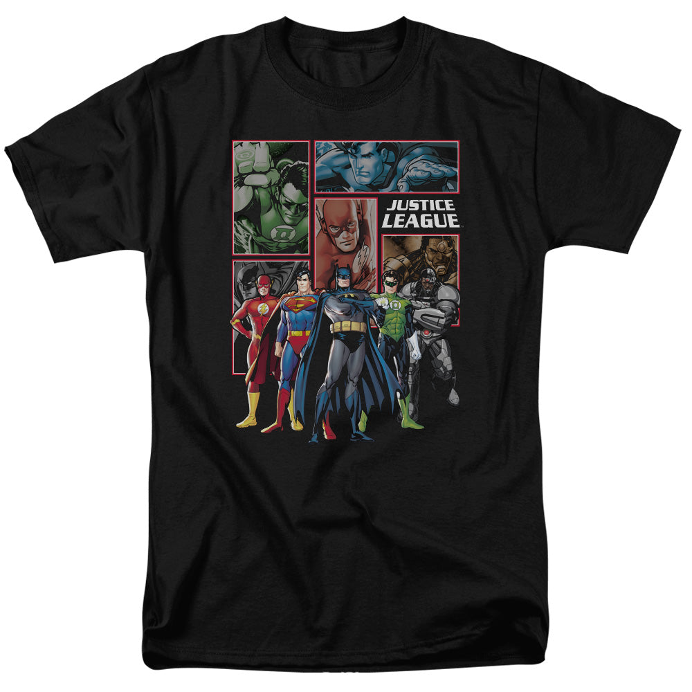 AN OFFCIALLY LICENSED JLA NEW JLA PANELS MEN'S REGULAR FIT T-SHIRT BLACK
