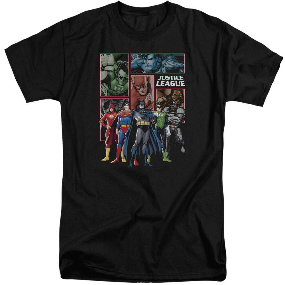 AN OFFCIALLY LICENSED JLA NEW JLA PANELS MEN'S TALL FIT T-SHIRT BLACK