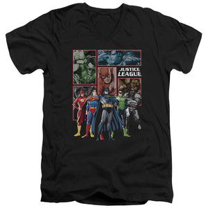 AN OFFCIALLY LICENSED JLA NEW JLA PANELS MEN'S V-NECK T-SHIRT BLACK