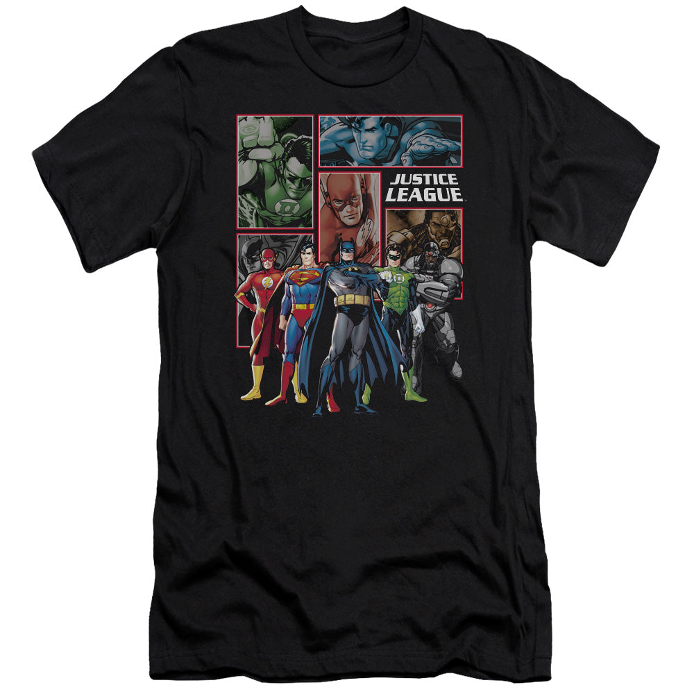 AN OFFCIALLY LICENSED JLA NEW JLA PANELS MEN'S PREMIUM SLIM FIT T-SHIRT BLACK