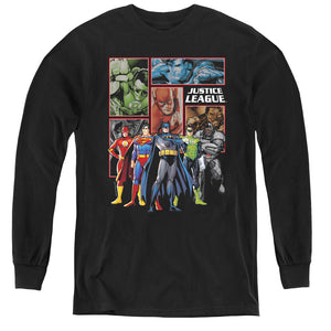 AN OFFCIALLY LICENSED JLA NEW JLA PANELS YOUTH LONG SLEEVE T-SHIRT BLACK
