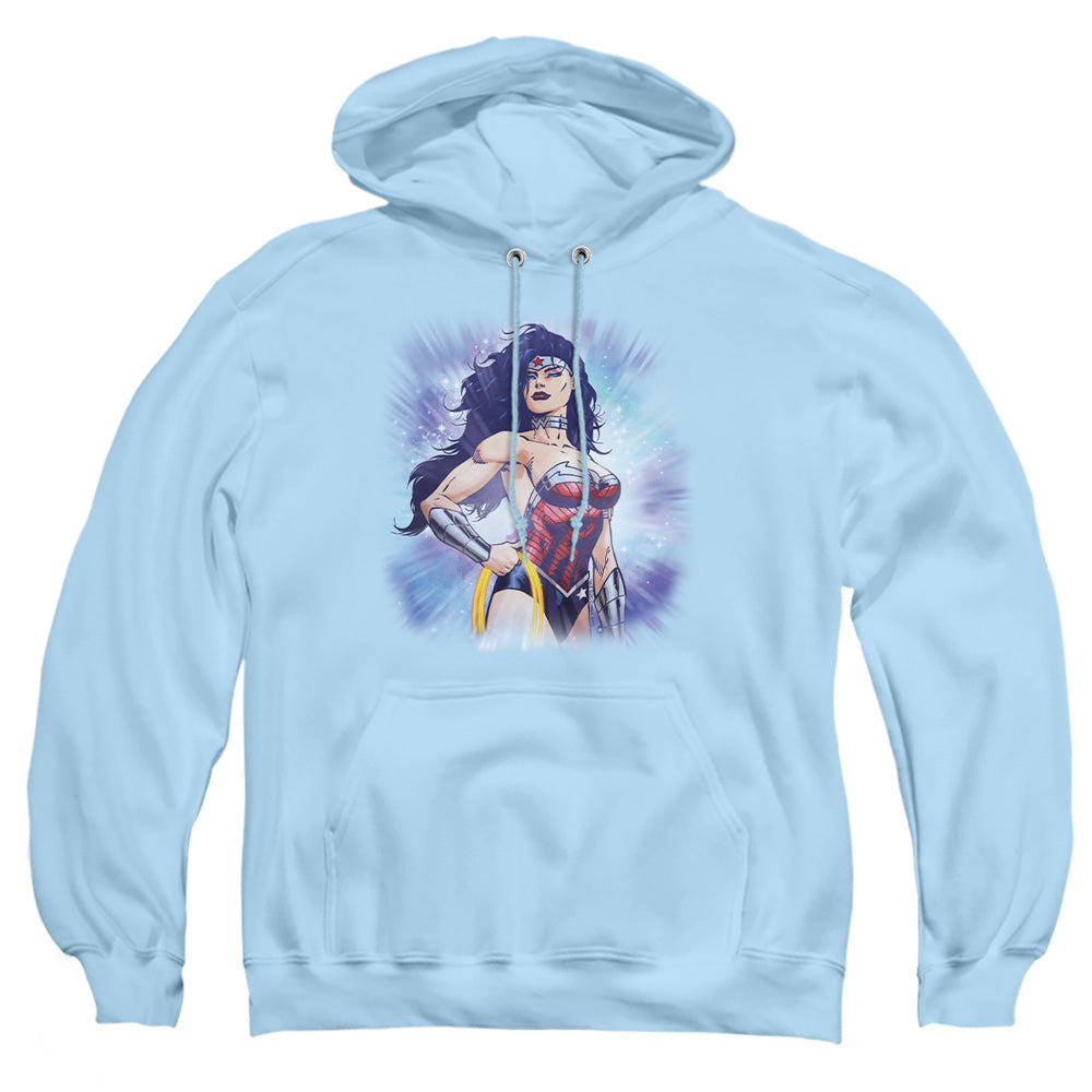 AN OFFCIALLY LICENSED JLA WARRIOR ADULT UNISEX PULLOVER HOODIE LIGHT BLUE